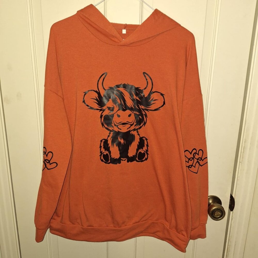 Orange Highland Cow Print Hoodie, Size XL